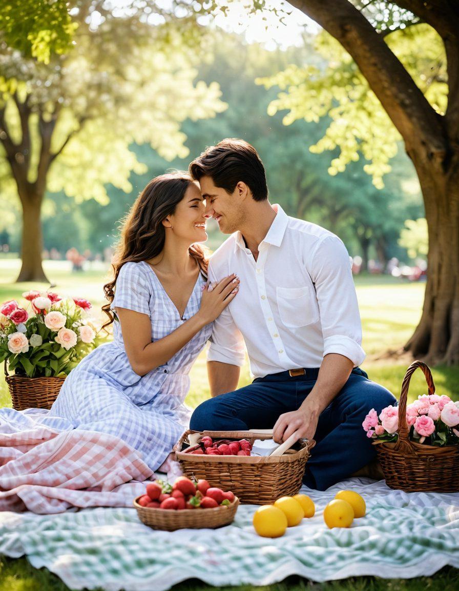 A heartwarming scene of a couple sharing a joyful moment in a sunlit park, surrounded by blooming flowers and soft, ethereal lighting. In the background, a quaint picnic setup hints at romance with a checkered blanket and a basket, while gentle bokeh adds a dreamy effect. Include symbolic elements like intertwined hearts or a soft glow around them to signify emotional connections. super-realistic. vibrant colors. dreamy atmosphere.