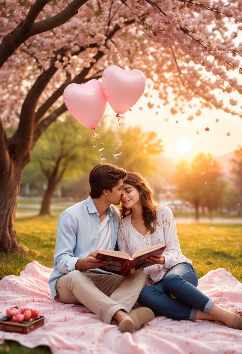 A serene couple sitting on a picnic blanket under a blooming cherry blossom tree, sharing a tender moment with soft smiles. Delicate heart-shaped balloons float gently in the air, while a book titled 'Secrets to Lasting Love' lies open beside them. The background features a warm sunset, symbolizing romance and connection. Soft focus effect. pastel colors. super-realistic.