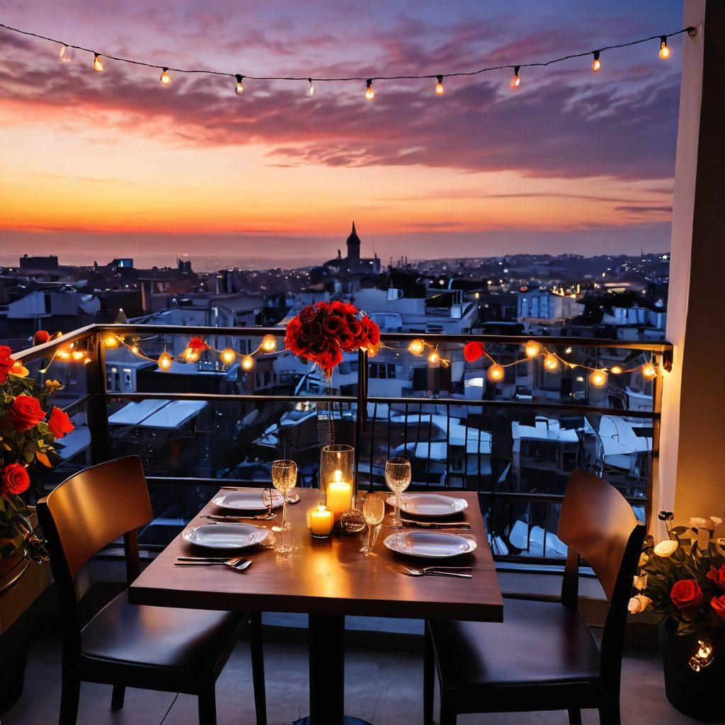 A romantic candlelit dinner setup for two on a rooftop terrace, adorned with twinkling fairy lights and a stunning sunset backdrop. Include a beautifully arranged table with a bouquet of roses, delicious food, and glasses of wine to evoke warmth and connection. The scene should radiate love and intimacy, inviting the viewer to feel the essence of a perfect date night. vibrant colors. super-realistic. warm ambiance.